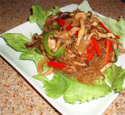 Japchae is a Korean dish made from dangmyeon noodle (cellophane noodles) 